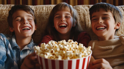 Joyful Kids Enjoying Movie Night Together with Big Bowl of Popcorn in Cozy Setting Filled with Laughter and Happiness