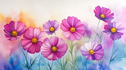 Vibrant Watercolor Painting: Delicate Cosmos Flowers Bloom Softly on a Pastel Background. AI Generated