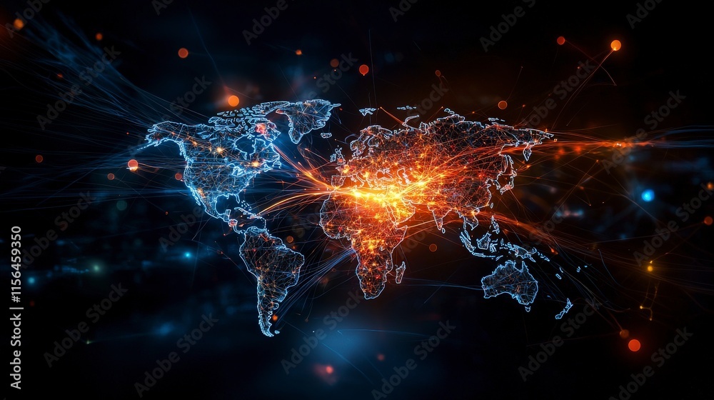 Poster global digital shift visualization world map infographic futuristic aerial view technology impact on