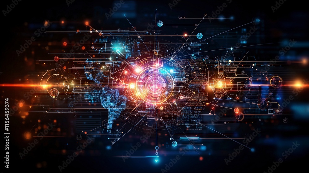 Aufkleber Global digital transformation mapping technology hub data visualization virtual environment futuristic perspective