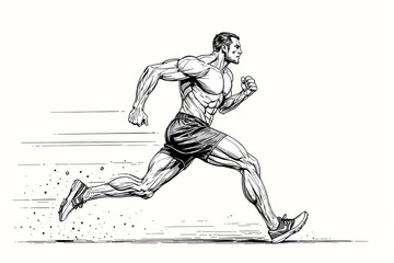 A muscular man running in dynamic motion, sketched illustration style on a white background. Represents fitness, speed, and athletic performance. Ai generative