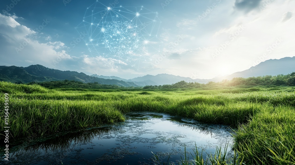 Poster global cooperation in a peaceful digital landscape serene nature setting high-resolution environment