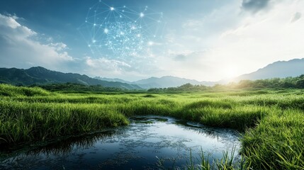 Global cooperation in a peaceful digital landscape serene nature setting high-resolution environment scenic viewpoint