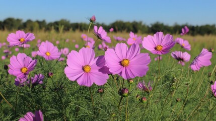 Cosmos Flowers in a Lush Field, Bright Petals Against Soft Green Foliage