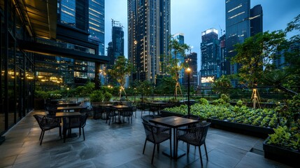 Fototapeta premium Urban agriculture showcase a glowing city skyline at dusk modern environment vibrant rooftop gardens