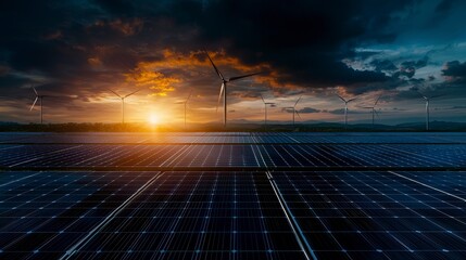 Renewable energy showcase solar and wind power integration sustainable landscape sunset viewpoint modern concept