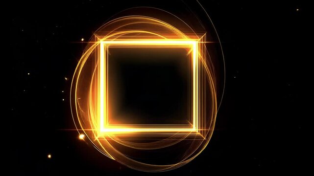 Abstract Golden square frame Portal with glowing golden lines isolated on black background, looped transparent alpha matte overlay  VFX