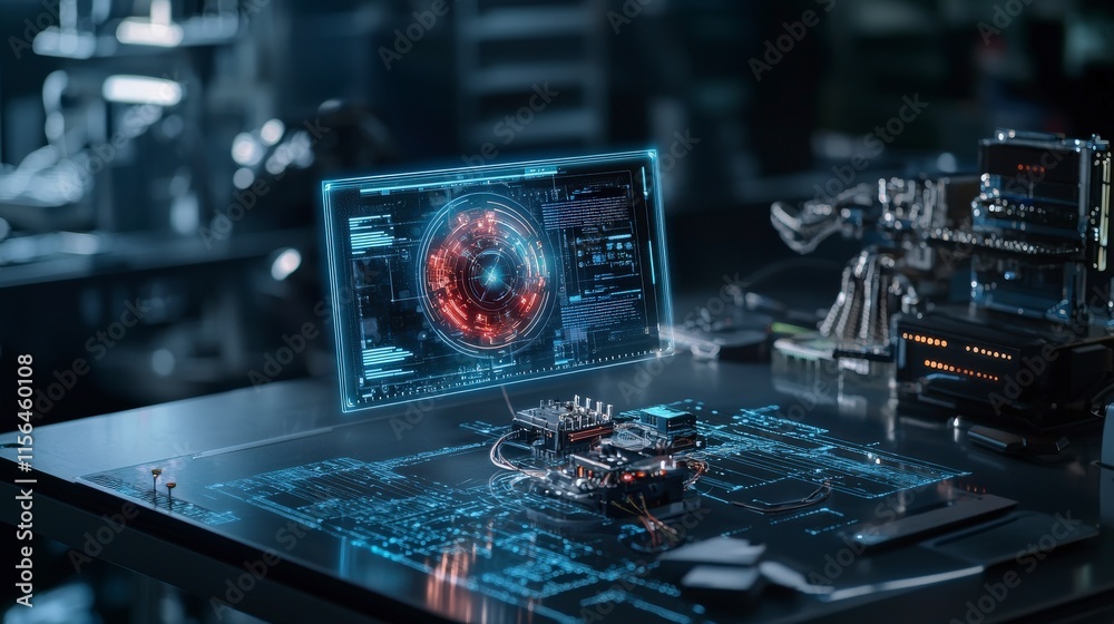 Poster Ai-powered tools displaying glowing interface in high-tech workshop digital art industrial environment futuristic concept