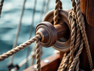 Sailing Ship Detail Close up of Wooden Pulley and Ropes at Sea