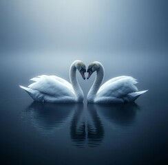 Two Swans Forming a Heart on a Misty Lake: A Symbol of Love and Serenity
