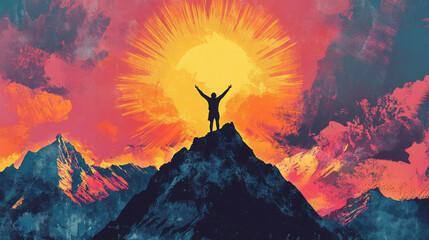 Obraz premium Vibrant sunrise landscape with a silhouetted figure on a mountaintop celebrating achievement and freedom amidst colorful clouds and majestic mountains
