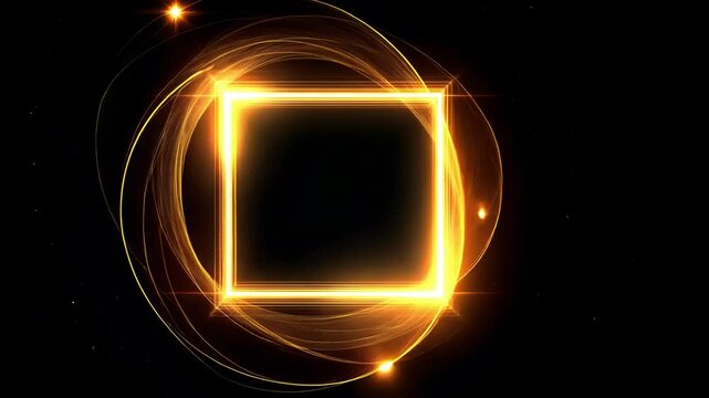 Abstract Golden square frame Portal with glowing golden lines isolated on black background, looped transparent alpha matte overlay  VFX