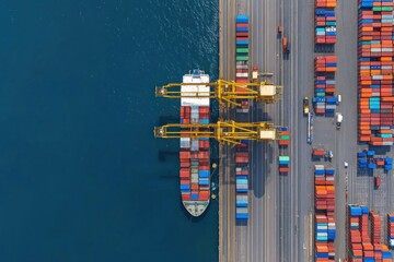 Container ship is being loaded with cargo at an industrial port, highlighting global trade activity