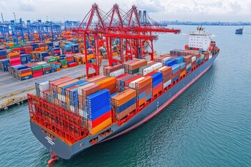 Aerial view of a container ship being loaded at a busy industrial port for international trade