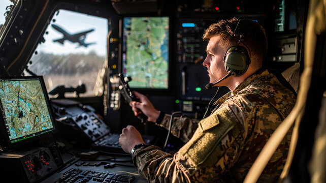 A military communications officer focused on coordinating air and ground forces from inside a command vehicle, surrounded by high-tech communication equipment and maps.