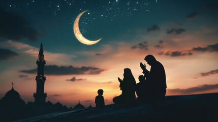 A silhouette of a family praying together on a rooftop under the crescent moon