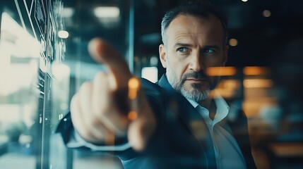 Close-up Photo: Determined Businessman Pointedly Addressing Future Strategy in Modern Office. AI Generated