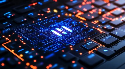 Obraz premium Close-up Photo: Vibrant Digital Circuitry Glowing on Keyboard. AI Generated
