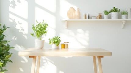 Bright and Minimalist Kitchen Table with Fresh Herbs and Natural Light, Showcasing Stylish Indoor Plants, Modern Decor, and Clean Aesthetic for Fresh Living Space