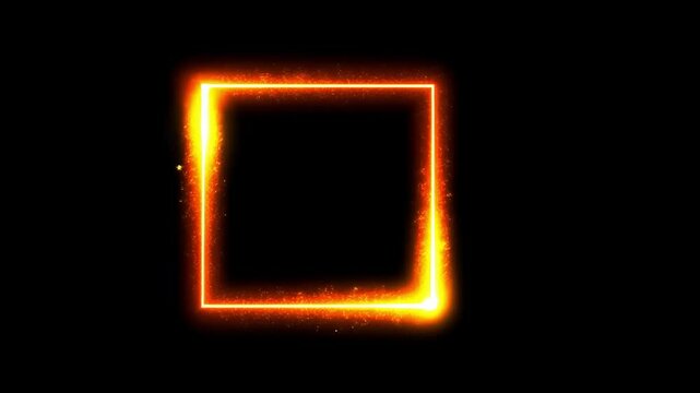 Abstract Golden square frame Portal with glowing golden lines and glitter particles isolated on black background, transparent alpha matte overlay  VFX