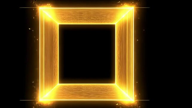 Abstract Golden square tunnel fractal frame Portal with glowing golden lines isolated on black background, looped transparent alpha matte overlay  VFX