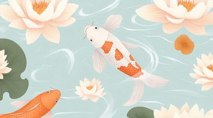 Fototapeta premium A seamless pattern ofElegant Koi Fish with Lotus Flowers in Calm Waters