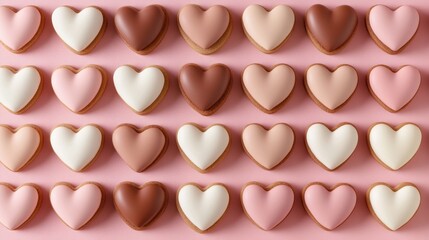 Fototapeta premium Heart-shaped cookies in various colors are nicely arranged on a pink surface
