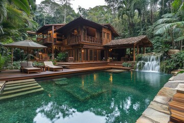 Obraz premium Luxurious wooden villa with infinity pool overlooking tropical rainforest and waterfall