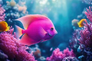 Obraz premium Pink fish swimming in colorful coral reef aquarium