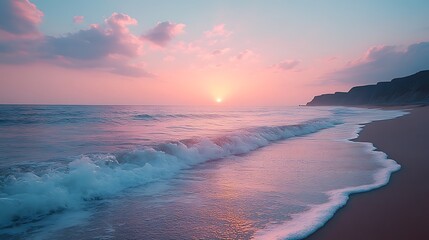 Naklejka premium Serene Sunset Over Ocean Beach Coastal Cliffs