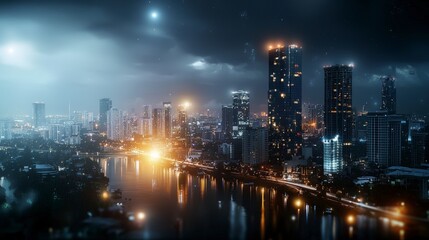 Fototapeta premium Glowing cityscape illuminates environmental progress urban setting night view vibrant reflections sustainability