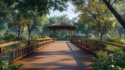 Obraz premium Wooden bridge leading to beautiful gazebo in peaceful chinese garden