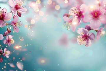 Fototapeta premium Pink cherry blossoms bloom against a vibrant blue backdrop with shimmering golden bokeh