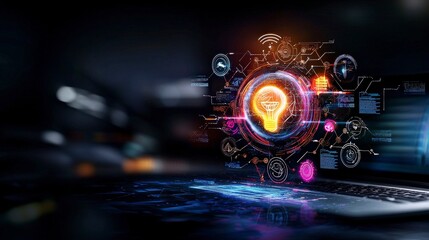 Obraz premium Tech partnership illustration digital workspace graphic design futuristic environment close-up view innovation concept