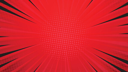 Naklejka premium Red background pop art retro with comic sun rays. Comics rays background with halftones. Summer tropical background