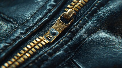 Close up of a gold zipper on a green leather jacket.