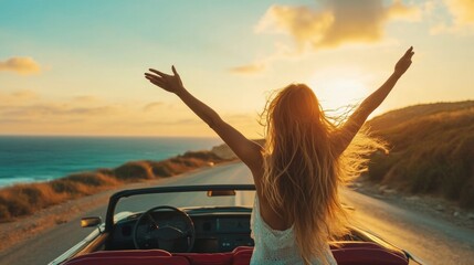 A woman enjoys sunset freedom driving convertible along coastal road.