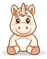 A cute cartoon unicorn is sitting on a white background. The unicorn has a big smile on its face, and it looks like it's enjoying its time. The image has a playful and cheerful mood