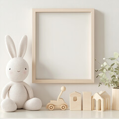 A photo of an empty, light wooden picture frame on the wall, cute nursery room decor, soft beige walls, a cute stuffed bunny toy and wooden toys next to it, minimalist, clean, simple, neutral colors.