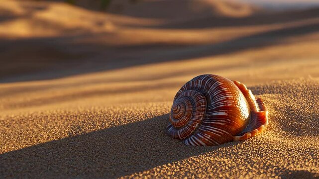 Colorful shell resting on the sandy beach during golden hour light