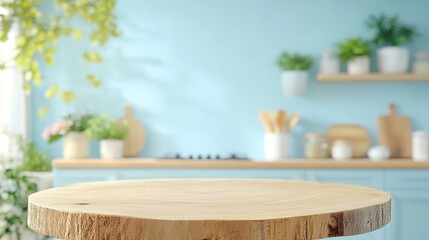 Fototapeta premium Beautiful Kitchen with Soft Blue Walls and Wooden Countertop, Showcasing a Warm and Inviting Culinary Space Filled with Fresh Plants and Cooking Utensils