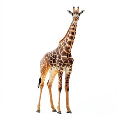 Obraz premium A giraffe stands tall with its unique patterns on a bright white backdrop, showcasing its elegance