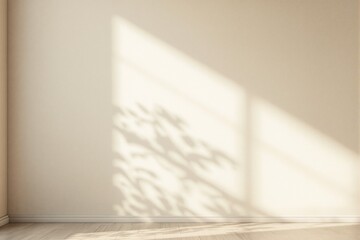 Sunlight and leaf shadows on a minimal beige wall with wooden floor, creating a peaceful, natural atmosphere. Ai generative
