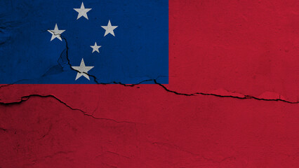 Samoa flag on cracked wall background, flag with crack line