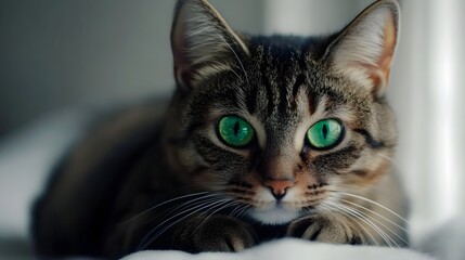 Tabby Cat Portrait Striking Green Eyes