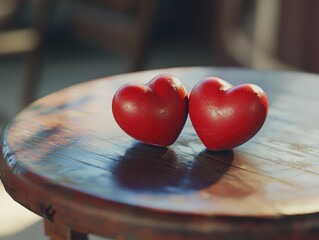 Two Red Hearts on Wooden Table