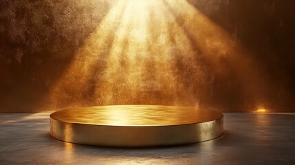 Golden podium with a high-polish surface, surrounded by soft light 