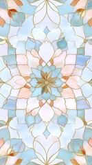 A blue and white floral design with gold accents. The design is made up of many small pieces of glass