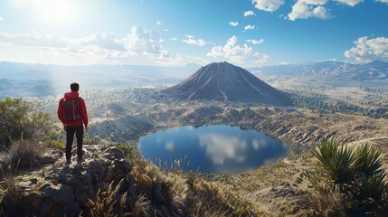 Fototapeta premium Hiker Overlooking Volcanic Crater with Expansive Landscape