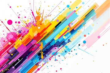 Abstract colorful splashes and streaks intertwine with geometric shapes on a bright white background, creating a vibrant artistic concept. Ai generative